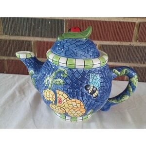 Wang's International Ceramic Teapot Ladybug Bee Hummingbird Flowers Blue